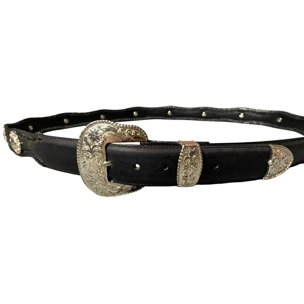 90’s Western Black Leather Concho Belt Intricate Floral Designed Buckle 4XL-5XL